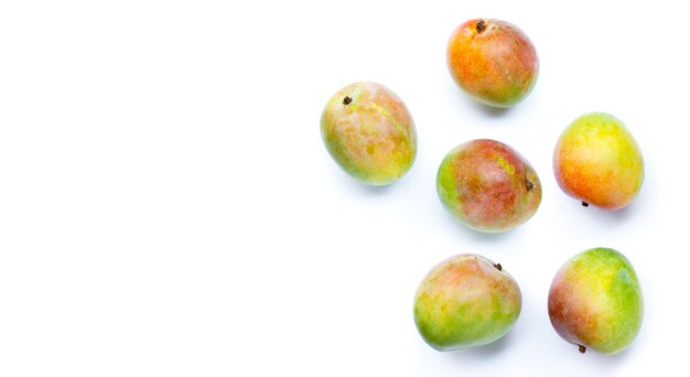Fruta tropical, mango crudo sobre fondo blanco.