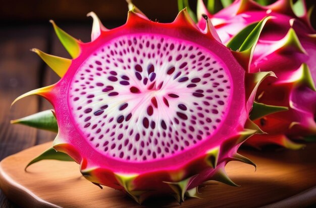 Foto fruta tropical pitahaya en una mesa de madera fruta del dragón frutas en rodajas la fruta sana de tailandia asiática