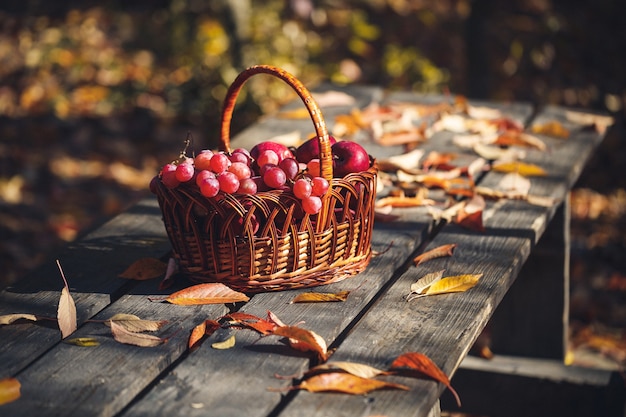 Fruta de uvas de otoño y hojas caídas sobre fondo rústico. Delicioso, apetitoso. Cosecha de otoño en la mesa de madera. Antioxidantes, dieta detox, frutas orgánicas. Vista superior.