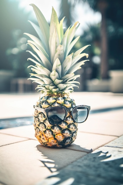 Fruta de verano Piña divertida con gafas de sol cerca de una piscina Concepto de vacaciones IA generativa