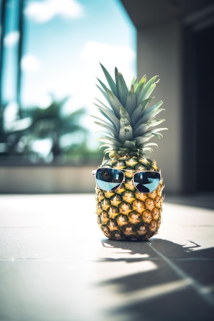 Fruta de verano Piña divertida con gafas de sol cerca de una piscina Concepto de vacaciones IA generativa