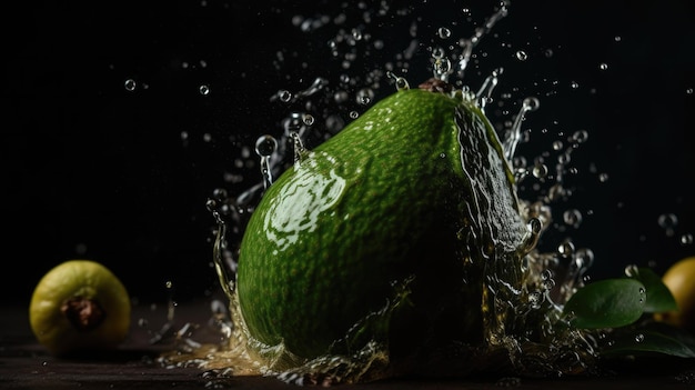 Una fruta verde salpicando agua con un fondo negro