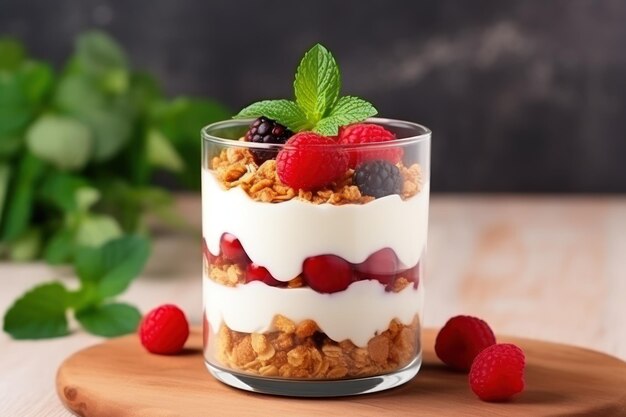 Fruta y yogur en un vaso de vidrio