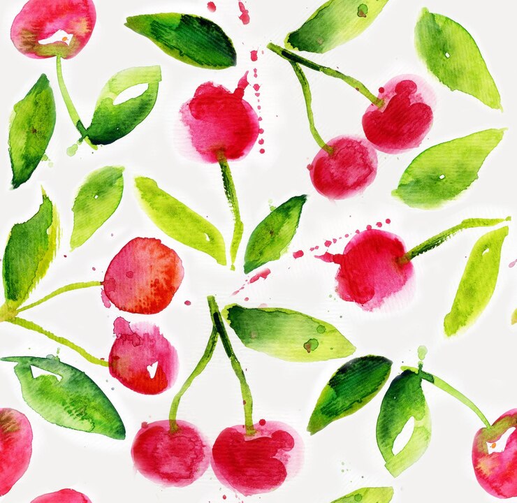 Frutas acuarela patrones sin fisuras cerezas rojas sobre un fondo blanco