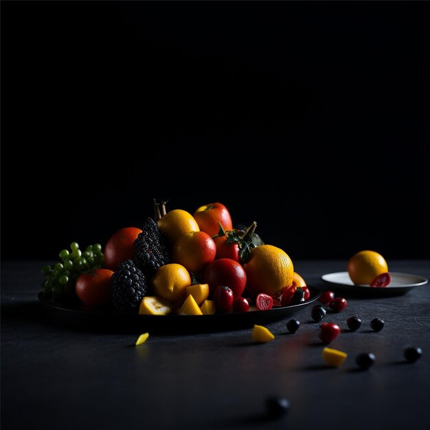 Foto frutas apiladas en un plato en la cocina vistas al costado v19