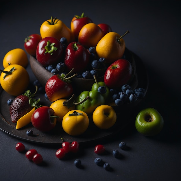 Foto frutas apiladas en un plato en la cocina vistas al costado v1