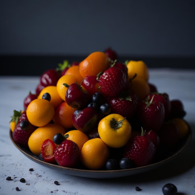 Foto frutas apiladas en un plato en la cocina vistas al costado v30