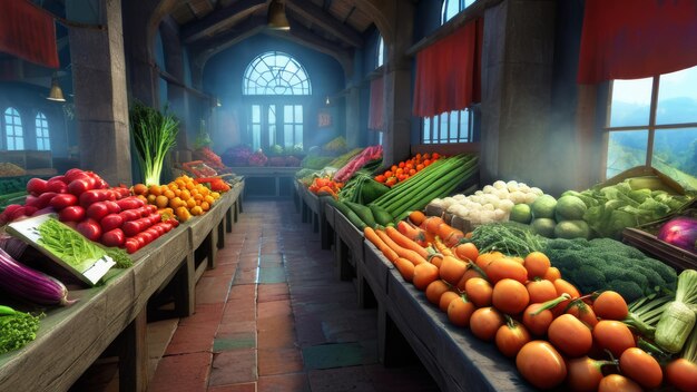 Frutas, bagas e legumes no balcão do mercado de rua