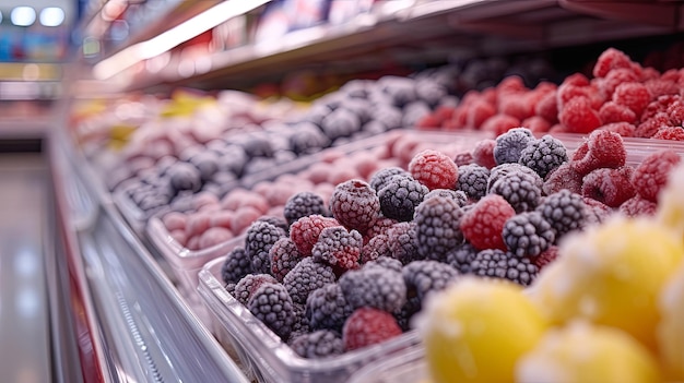 Frutas y bayas congeladas en la vitrina del supermercado Concepto de fondo
