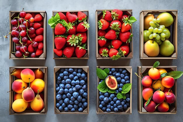 Frutas y bayas frescas en cajas de madera Vista superior