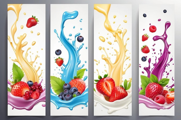 Frutas y bayas en la leche salpicaduras pancartas vectoriales