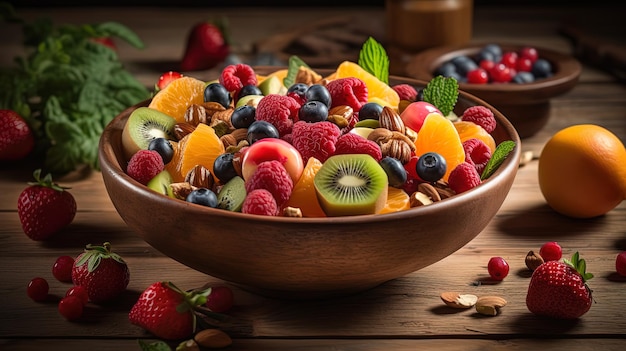 Frutas y bayas maduras frescas en un recipiente sobre una mesa