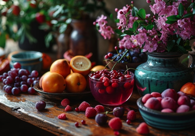 Frutas y bayas orgánicas frescas en mesa de madera en estilo rústico enfoque selectivo