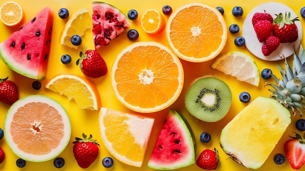 Frutas y bayas en rodajas sobre fondo amarillo