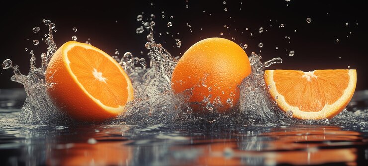 las frutas caen en salpicaduras de naranja