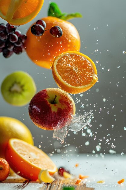 Foto frutas cayendo en fondo blanco