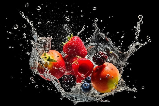 frutas cayendo en salpicaduras de agua aisladas sobre fondo negro ai generado