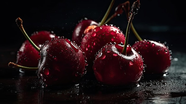 Frutas cereja atingidas por salpicos de água com fundo preto e borrão