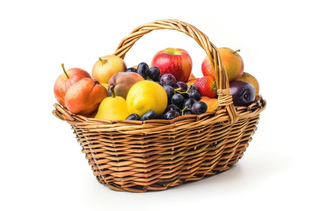 Foto frutas en cesta aisladas en blanco