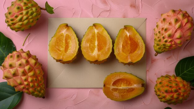 Foto frutas de cherimoya maduras recién cortadas que muestran una pulsación naranja vibrante en un rosa decorativo