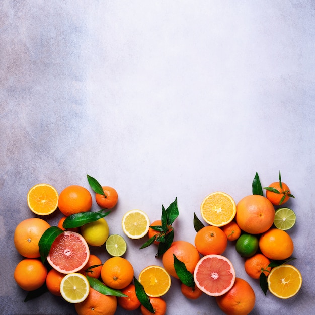 Frutas cítricas. citrinas frescas sortidos com folhas. laranja, grapefruit, limão, limão, tangerina. vista do topo