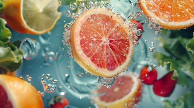 Foto las frutas cítricas como las naranjas y los limones caen al agua.