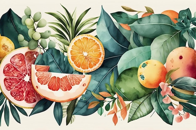 Frutas cítricas e folhas em uma pintura em aquarela Generative AI