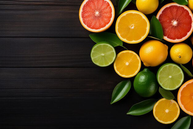 Frutas cítricas en fondo de madera naranja lima y limón en fondo de leña oscura espacio de copia