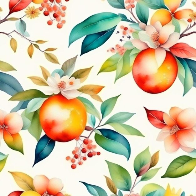 Frutas cítricas frescas com folhas e flores Aquarela laranja cítrica inteira e fatias em estilo aquarela Ilustração gerada digitalmente
