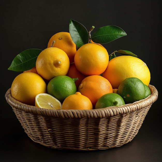 frutas cítricas frescas em uma cesta saudável