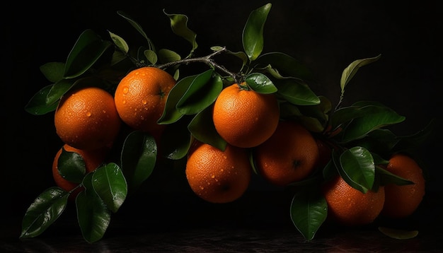 Frutas cítricas jugosas en una mesa de madera generada por IA