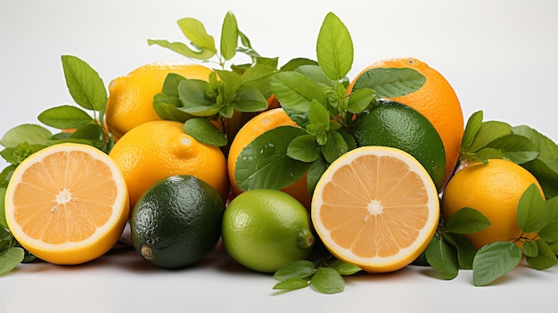 Frutas cítricas limón lima pomelo y naranja tanto en la mitad como en la fruta completa con hojas AI generativa