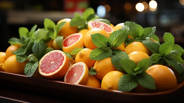 Foto frutas cítricas limón lima pomelo y naranja tanto en la mitad como en la fruta completa con hojas ai generativa