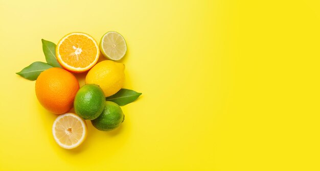 Frutas cítricas maduras frescas sobre fondo amarillo