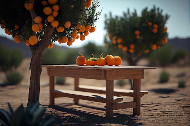 Frutas cítricas en una mesa de madera en el jardín generativo ai
