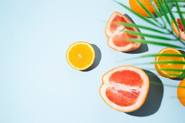 Frutas cítricas, naranjas, pomelos y hojas de palma. Vista superior, endecha plana