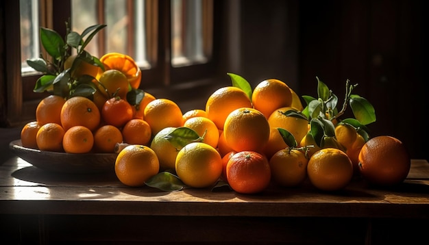 Frutas cítricas suculentas em uma mesa de madeira rústica gerada por inteligência artificial