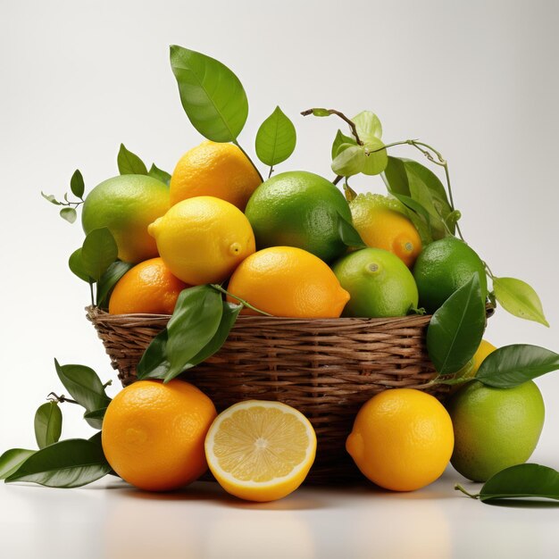 Frutas cítricas variadas limones limas y naranjas en una canasta aislada IA generativa