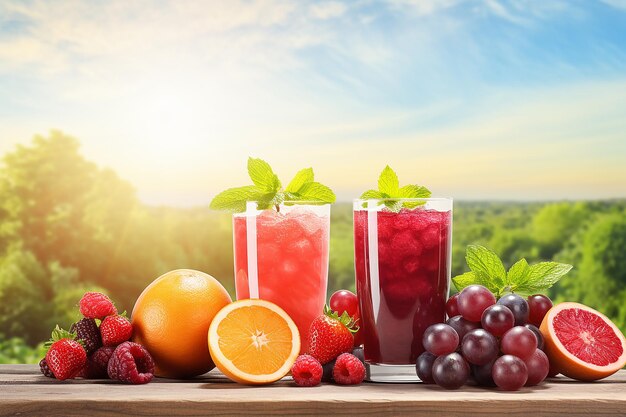 Frutas cítricas y un vaso de jugo en una mesa de madera