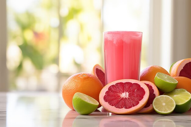 Frutas cítricas y un vaso de jugo en una mesa de madera
