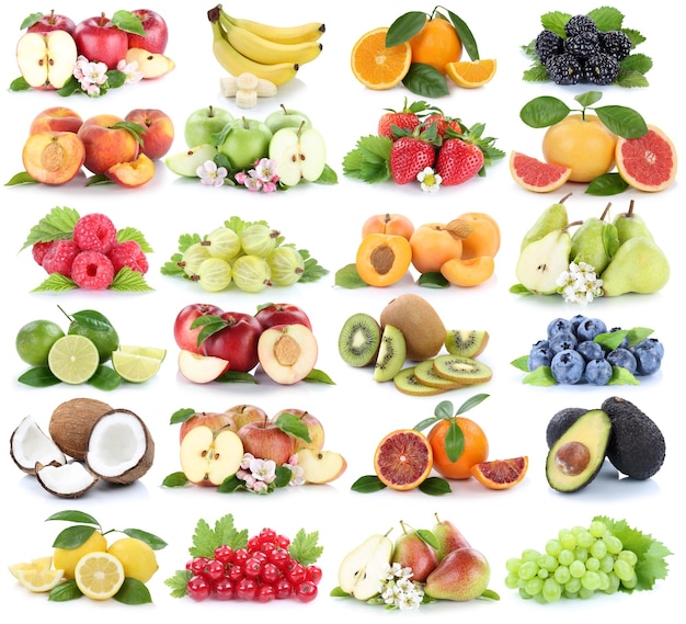 Frutas coleção de frutas laranja fresca maçã maçã banana morango pêra uvas isoladas em branco