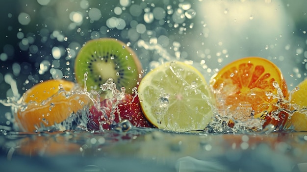 Frutas coloridas salpicando na água imagem fresca e vibrante