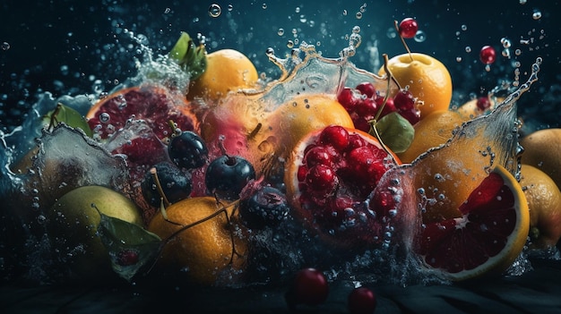 Frutas com respingos de água em fundo preto generativo ai