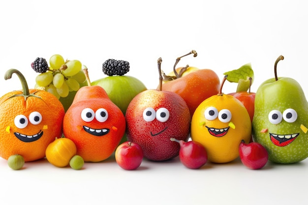 Frutas com rostos cômicos isolados sobre um fundo branco