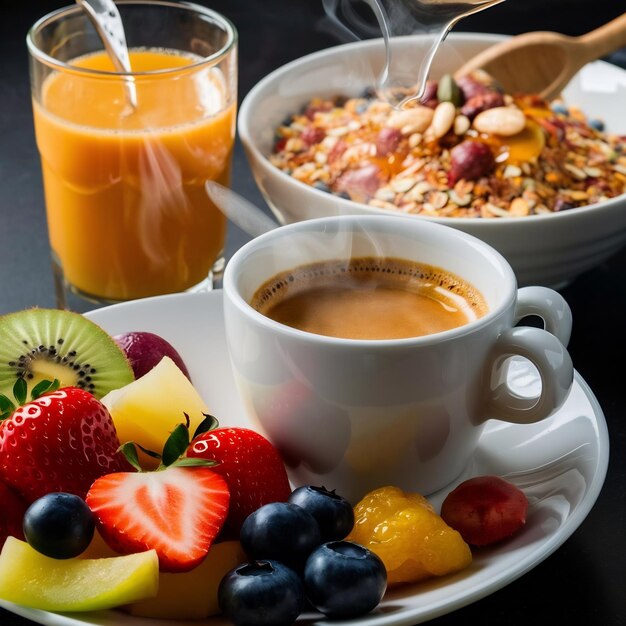 Foto frutas com suco fresco de muesli e expresso