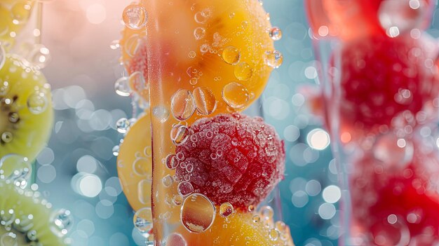 Frutas congeladas y bayas en helado de palitos Concepto de fondo