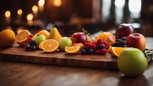 Foto frutas cortadas e dispostas numa prancha de madeira estética, quente, iluminação dramática