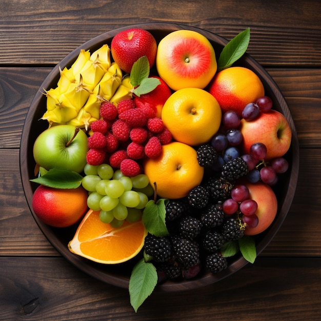 Frutas cruas e maduras frutas em um prato marrom redondo em uma mesa de madeira vista superior AI Gerado