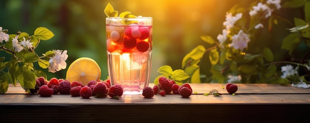Frutas da floresta limonada fresca e fria em mesa de madeira no jardim de verão