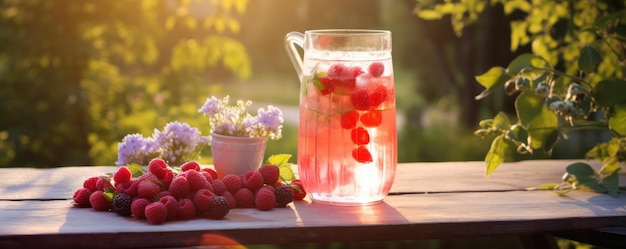 Frutas da floresta limonada fresca e fria em mesa de madeira no jardim de verão